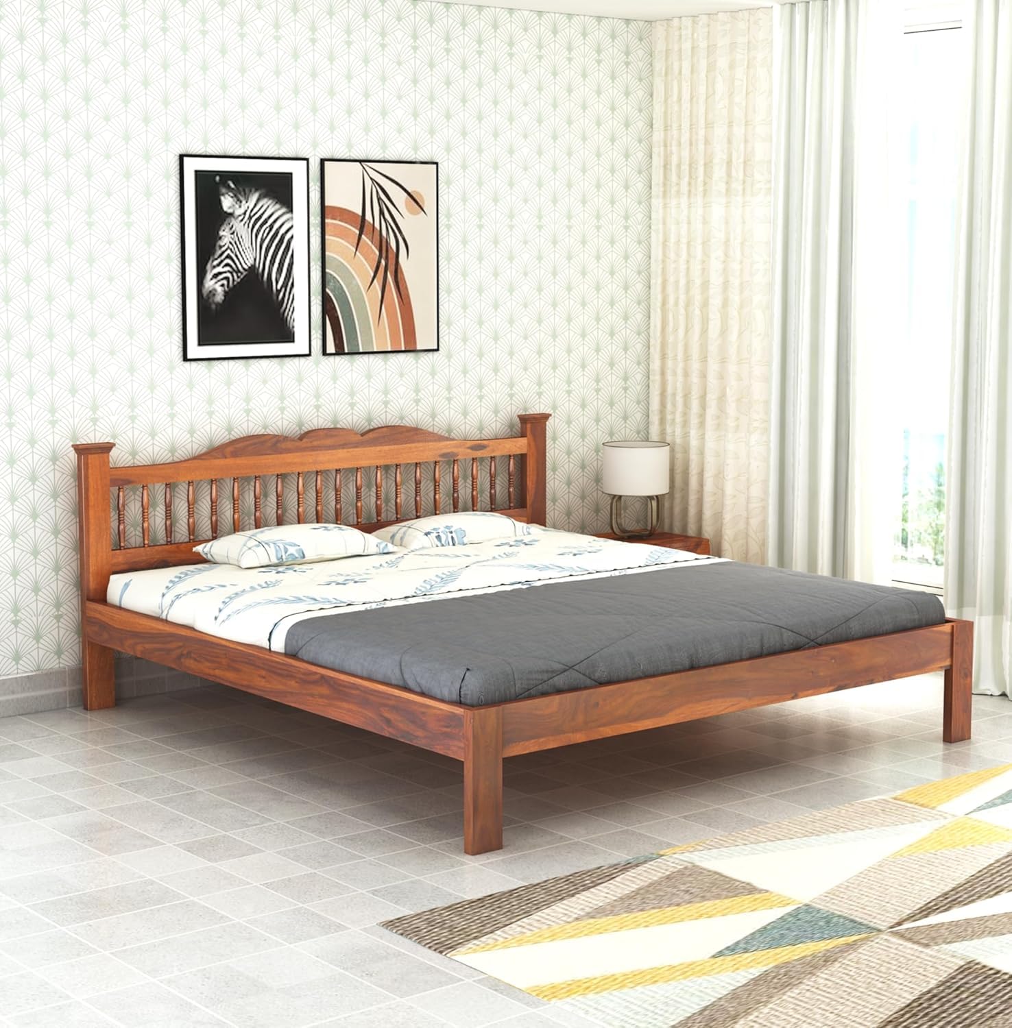 Solid Sheesham Wood King Size Bed - Natural Finish