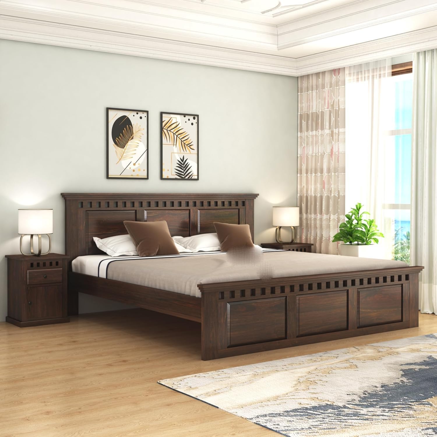 Solid Sheesham Wood Queen Size Bed - Walnut Finish