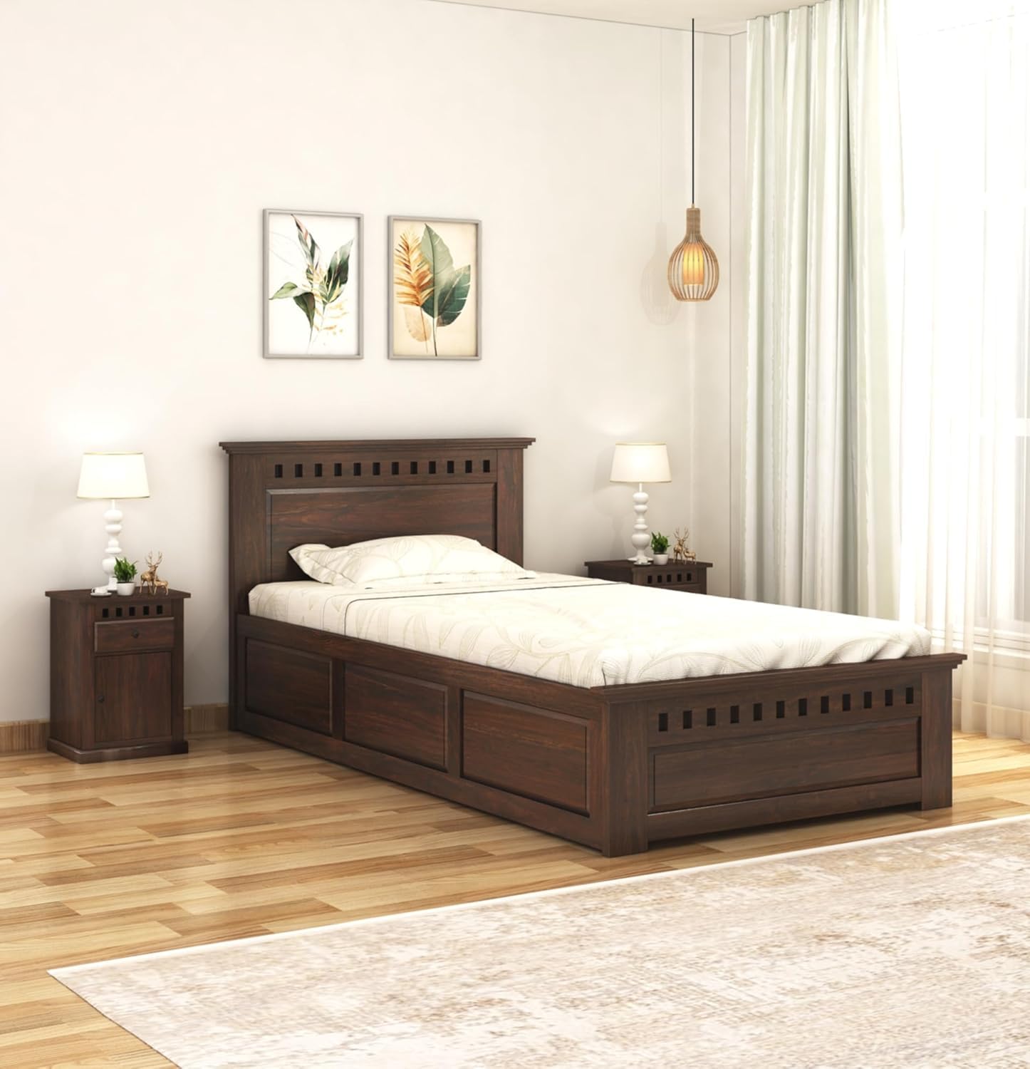 Solid Sheesham Wood Single Bed with Box Storage for Bedroom