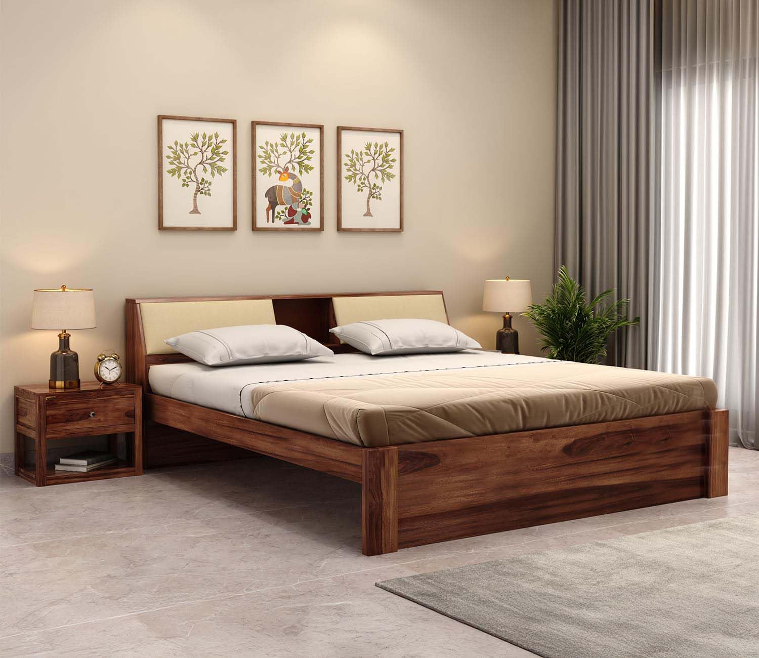 Solid Sheesham Wood King Size Bed For Bedroom - Honey Finish