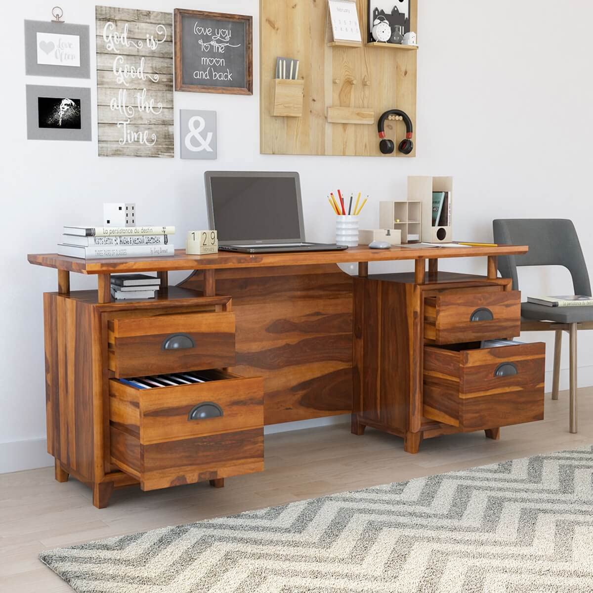 Solid Sheesham Wood Study Table with Dual Drawer Storage