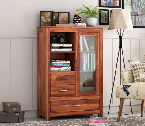 Sheesham Wood Bookshelf & Crockery Cabinet with Drawers - Honey Finish
