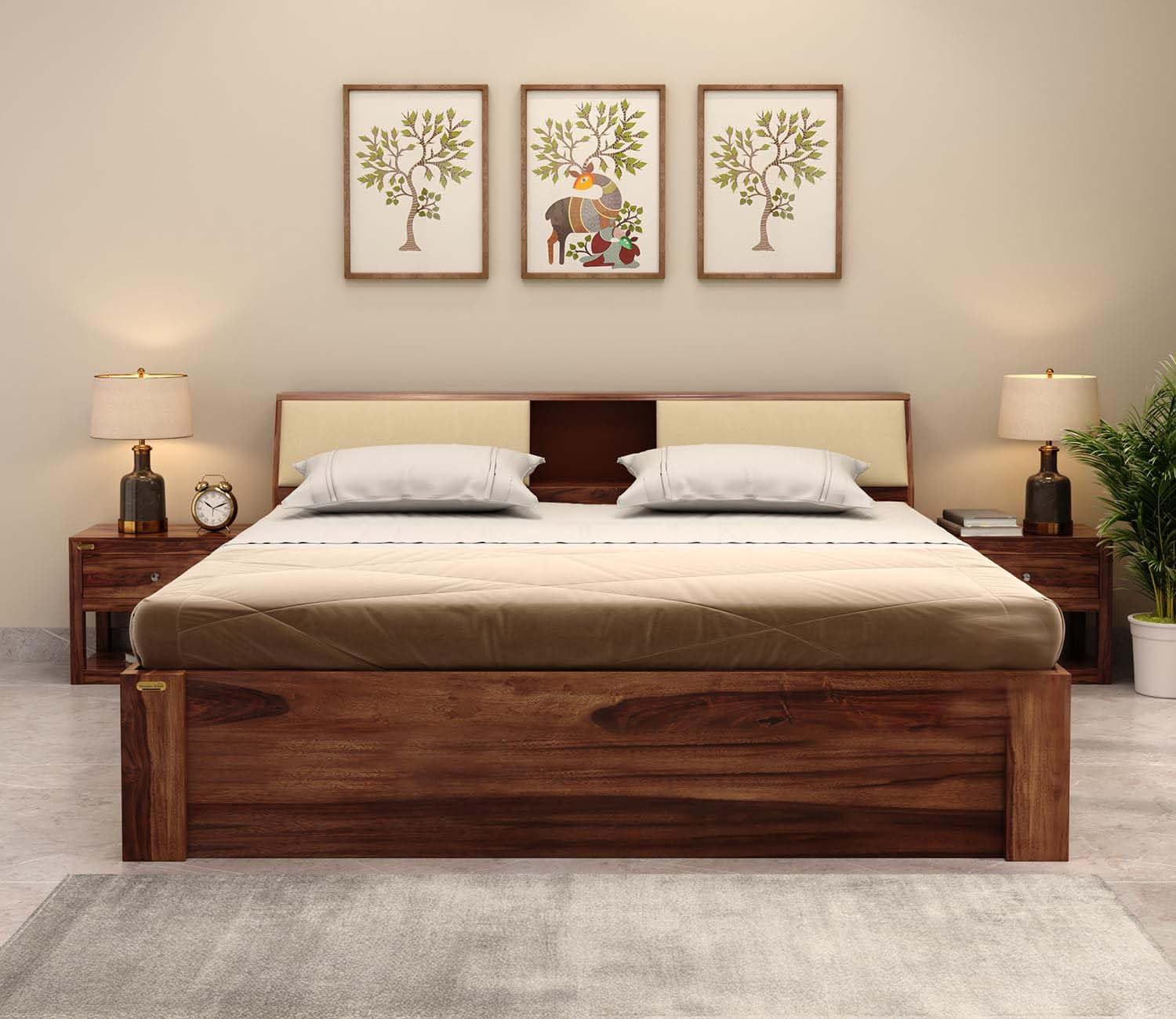 Solid Sheesham Wood King Size Bed For Bedroom - Honey Finish