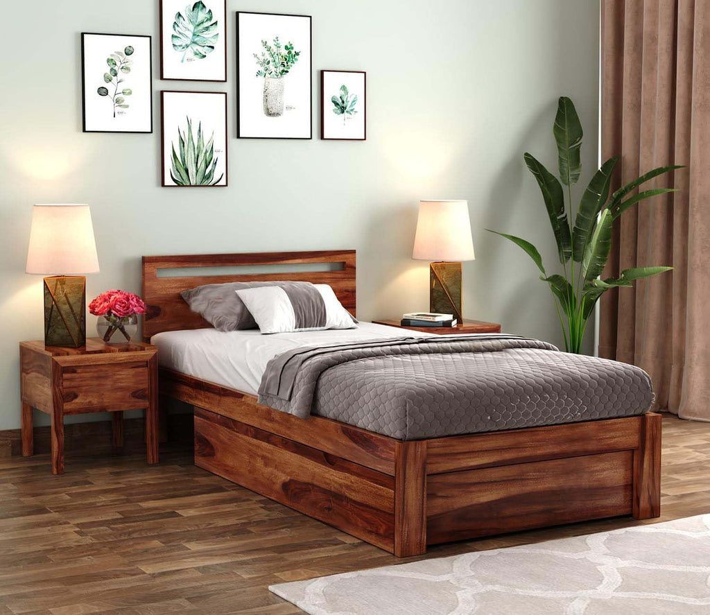 Single Sheesham Bed with Drawer Storage - Natural Finish