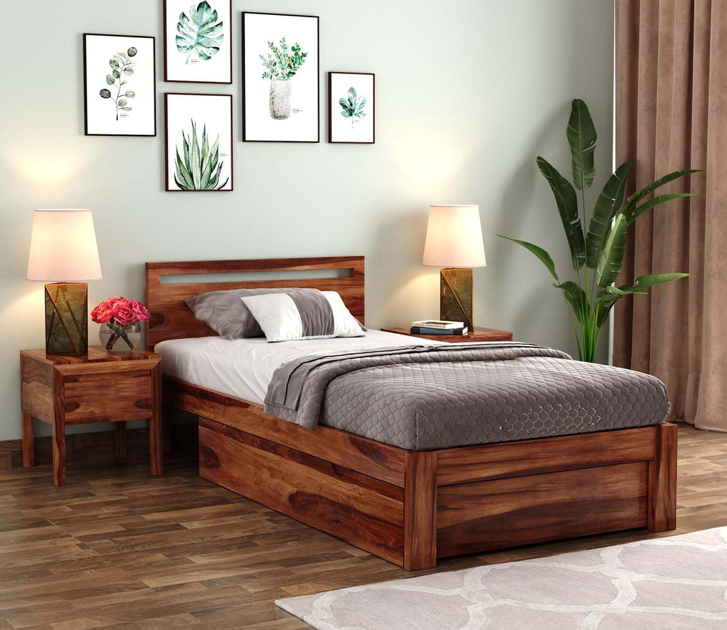 Single Sheesham Bed with Drawer Storage - Natural Finish