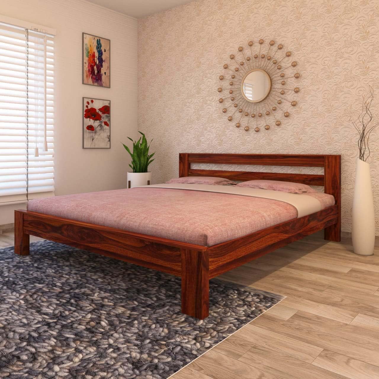 Solid Sheesham Wood King Size Bed - Natural Finish