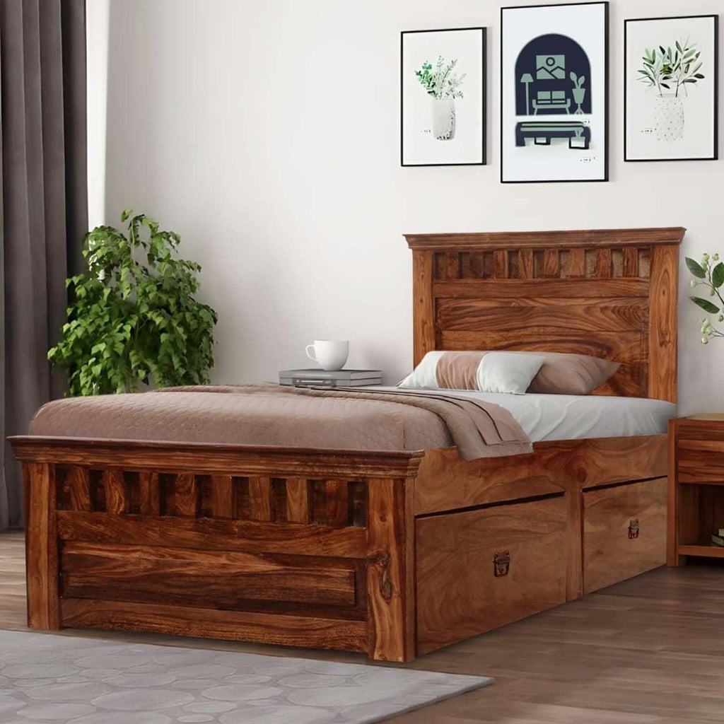 Solid Sheesham Single Bed with 2-Drawer Storage