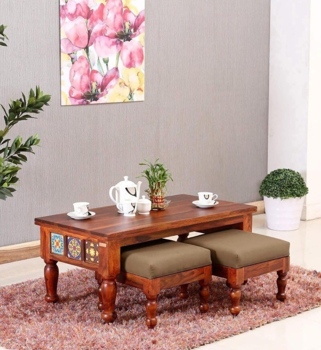 Sheesham Wood Coffee Table Set with Nesting Stools | Natural Finish