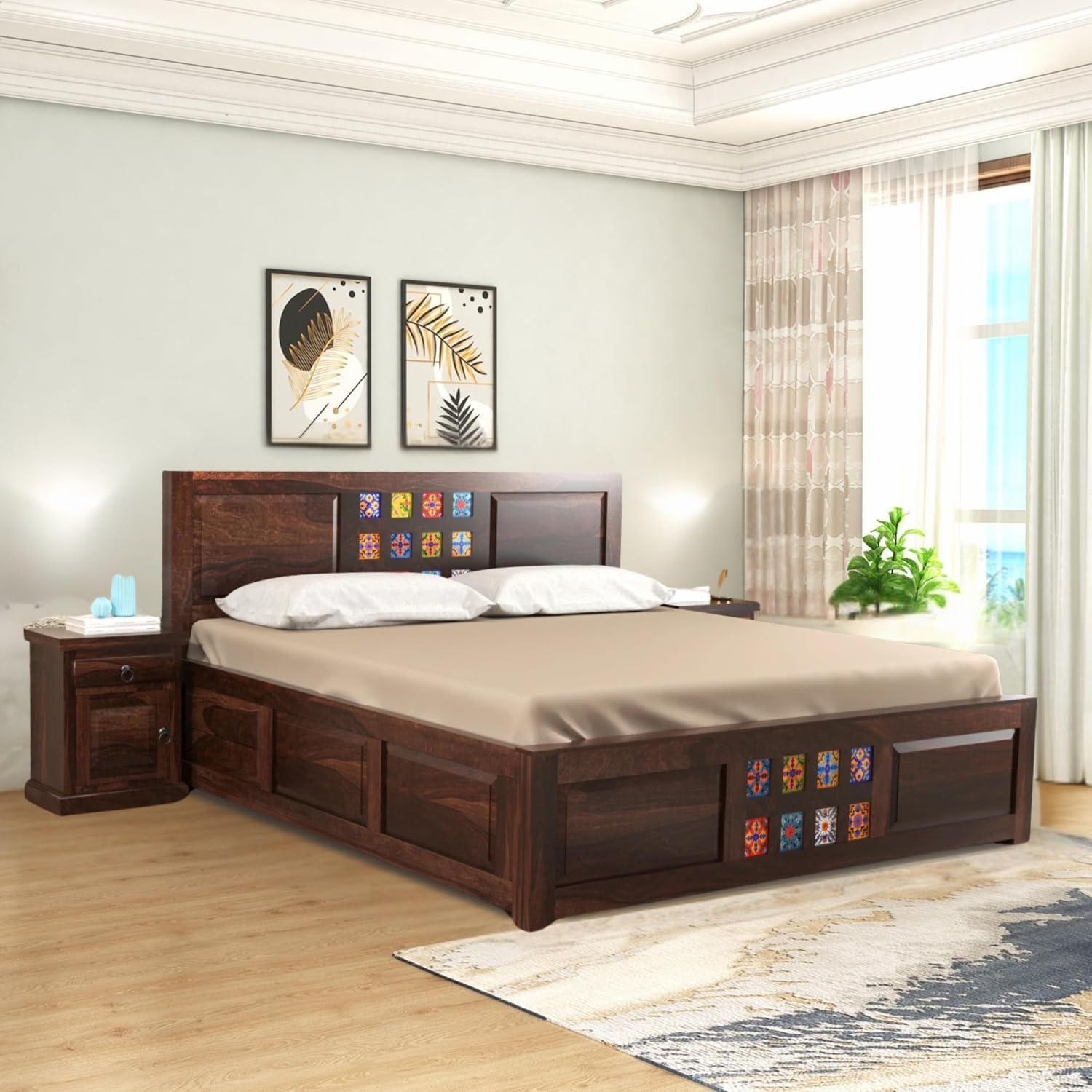 Jodhpuri Tile King Size Sheesham Bed with Storage - Walnut Finish