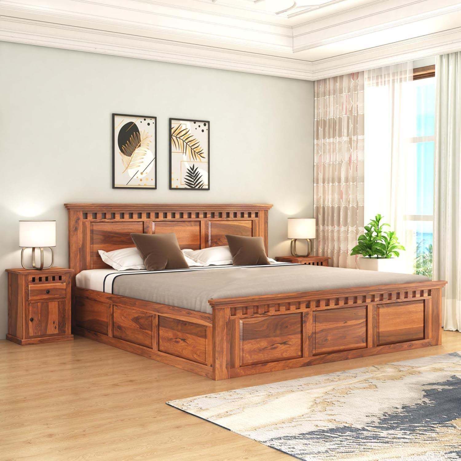 Kuber Sheesham Queen Bed with Box Storage - Honey Finish