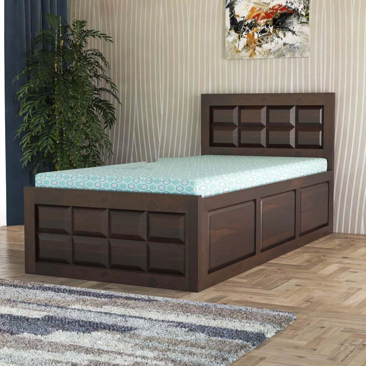 Ratan Pattern Single Bed with Storage - Walnut Finish