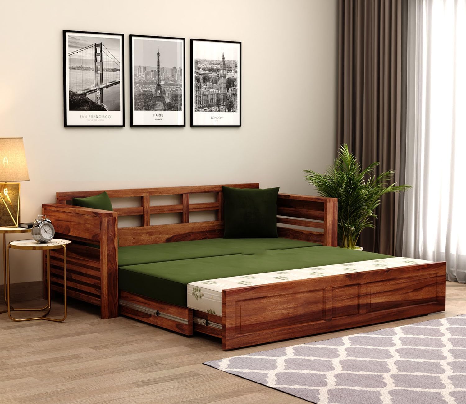 3-Seater Sheesham Wood Sofa Cum Bed - Natural Finish