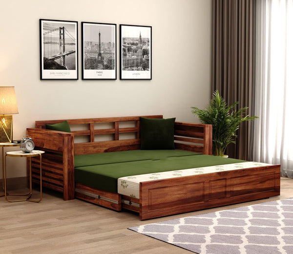 3-Seater Sheesham Wood Sofa Cum Bed - Natural Finish