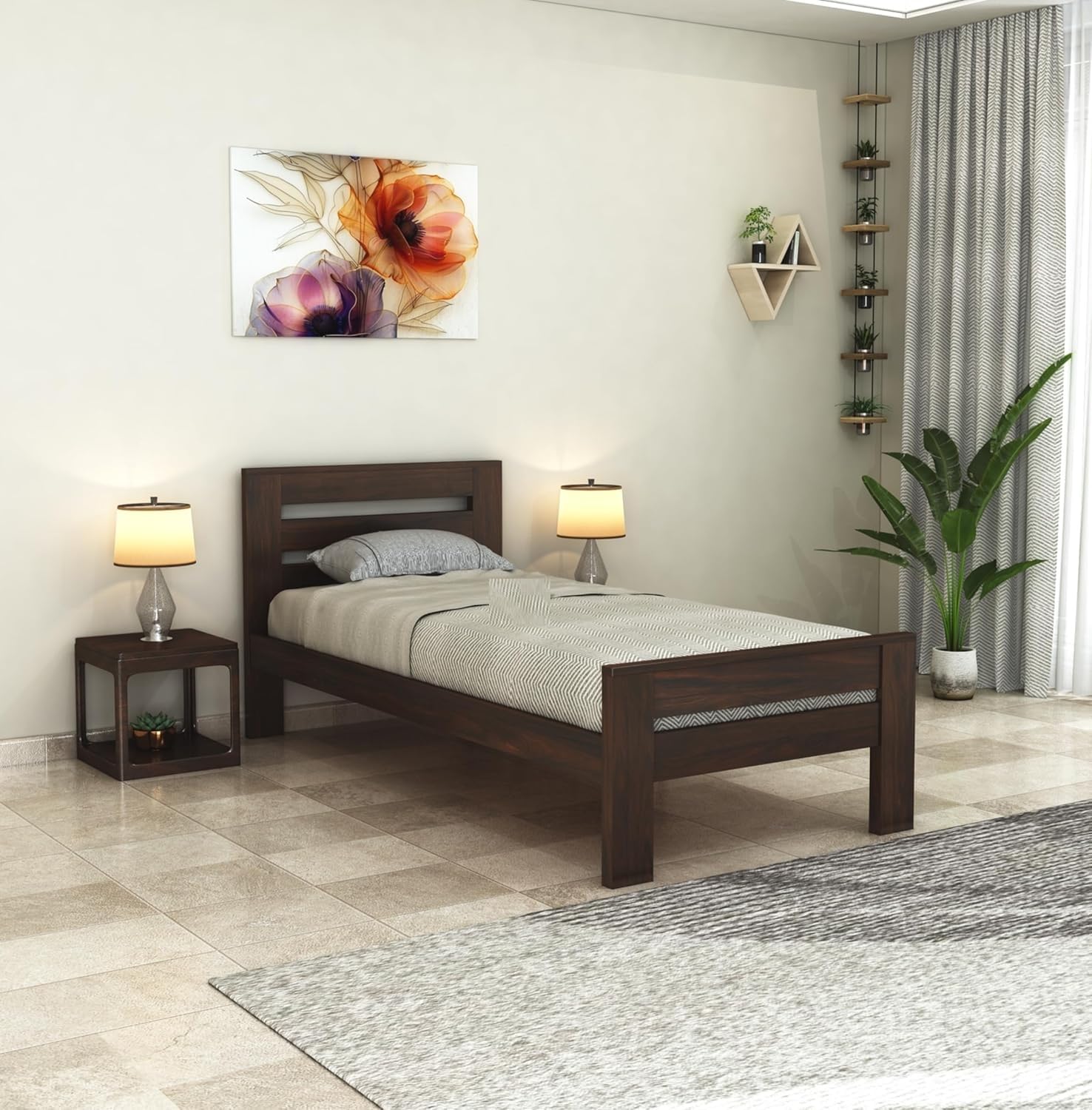 Solid Sheesham Wood Single Bed For Bedroom | Walnut Finish