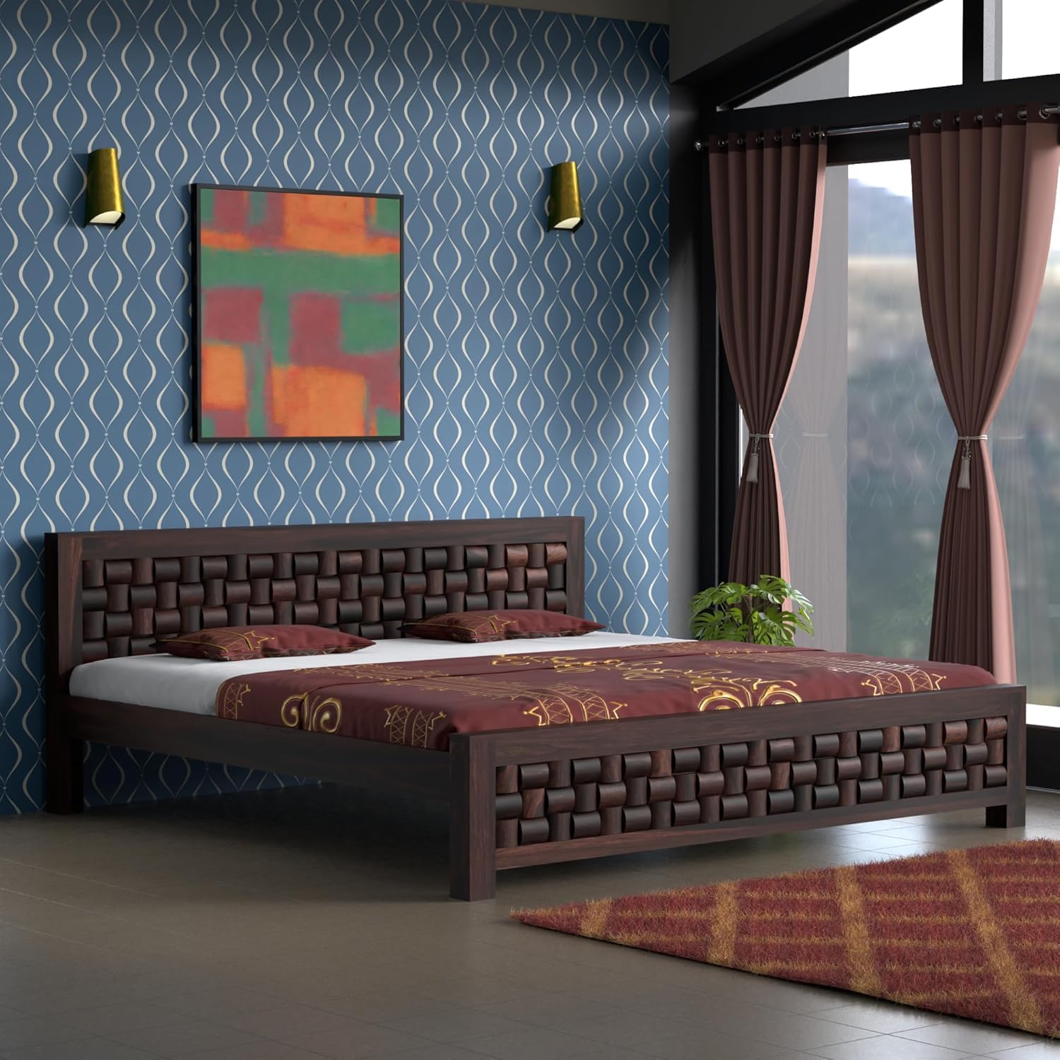 Solid Sheesham Wood King Size Bed with Woven Design Headboard
