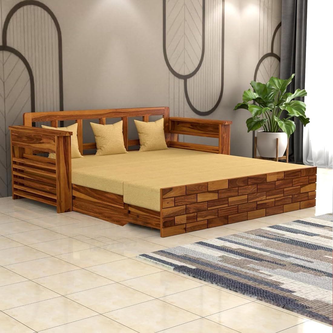 Morden Solid Sheesham Wood 3-Seater Sofa Cum Bed