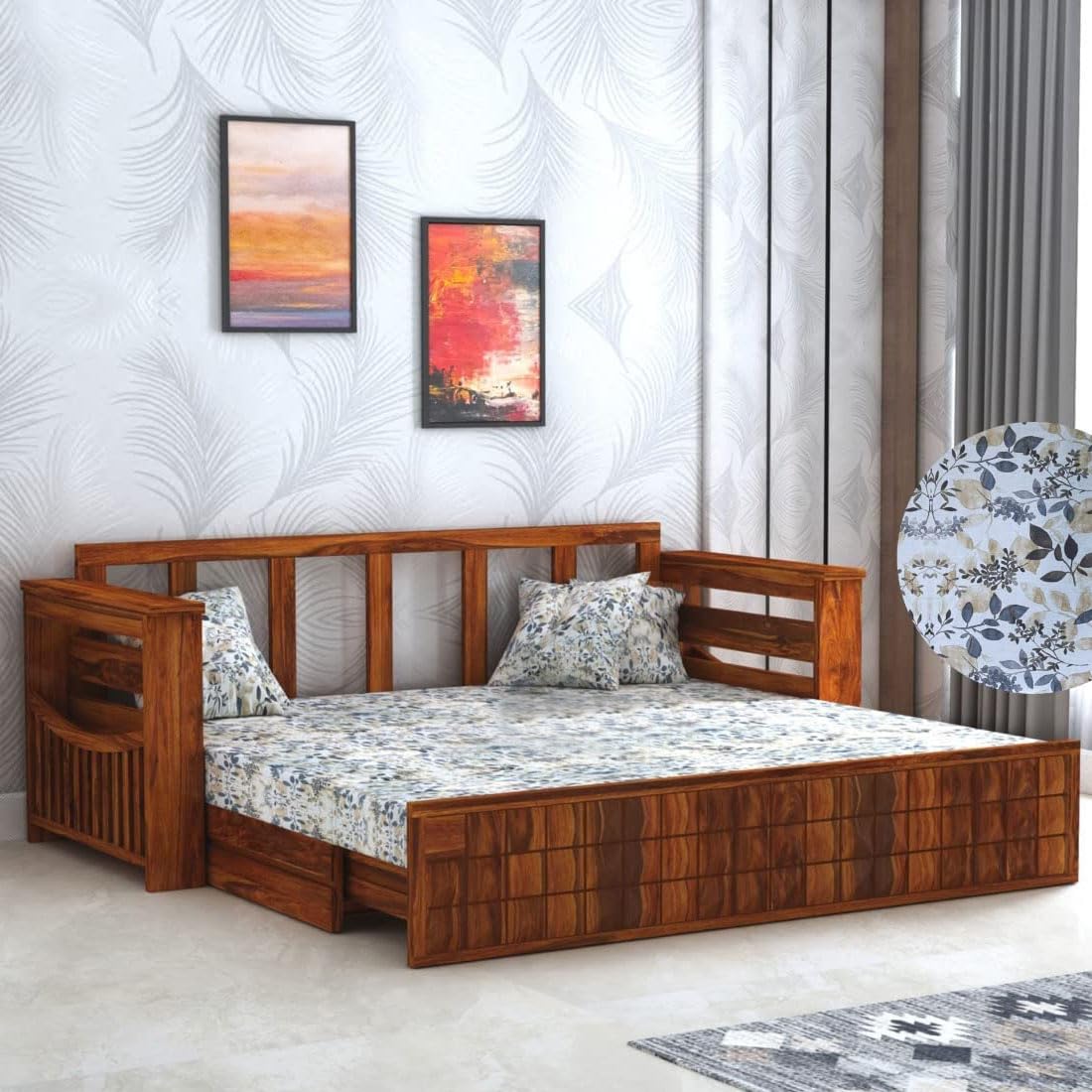 Diamond 3-Seater Sheesham Sofa Cum Bed - Natural Finish