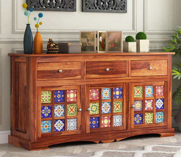 Blue Pottery Tile Design Sheesham Sideboard