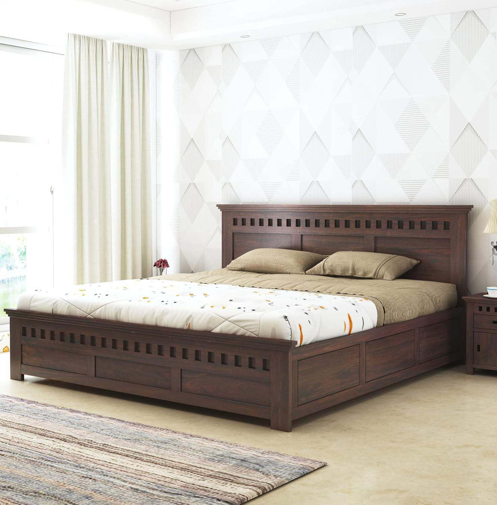 Solid Sheesham Wood King Size Bed with Box Storage | Walnut Finish