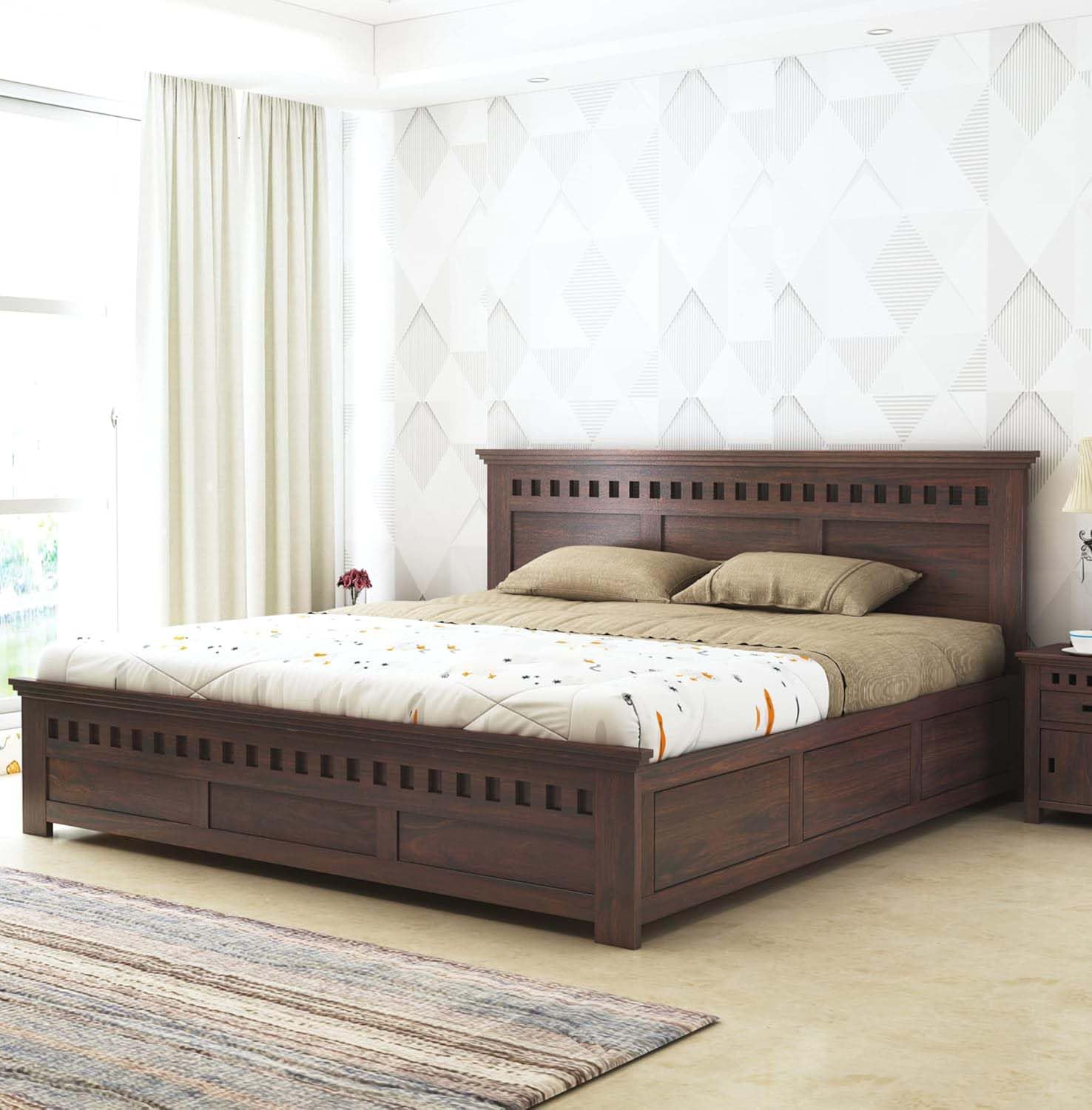 Solid Sheesham Wood King Size Bed with Box Storage | Walnut Finish