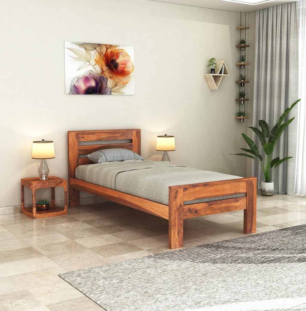 Premium Single Size Solid Sheesham Bed | Ntural Finish