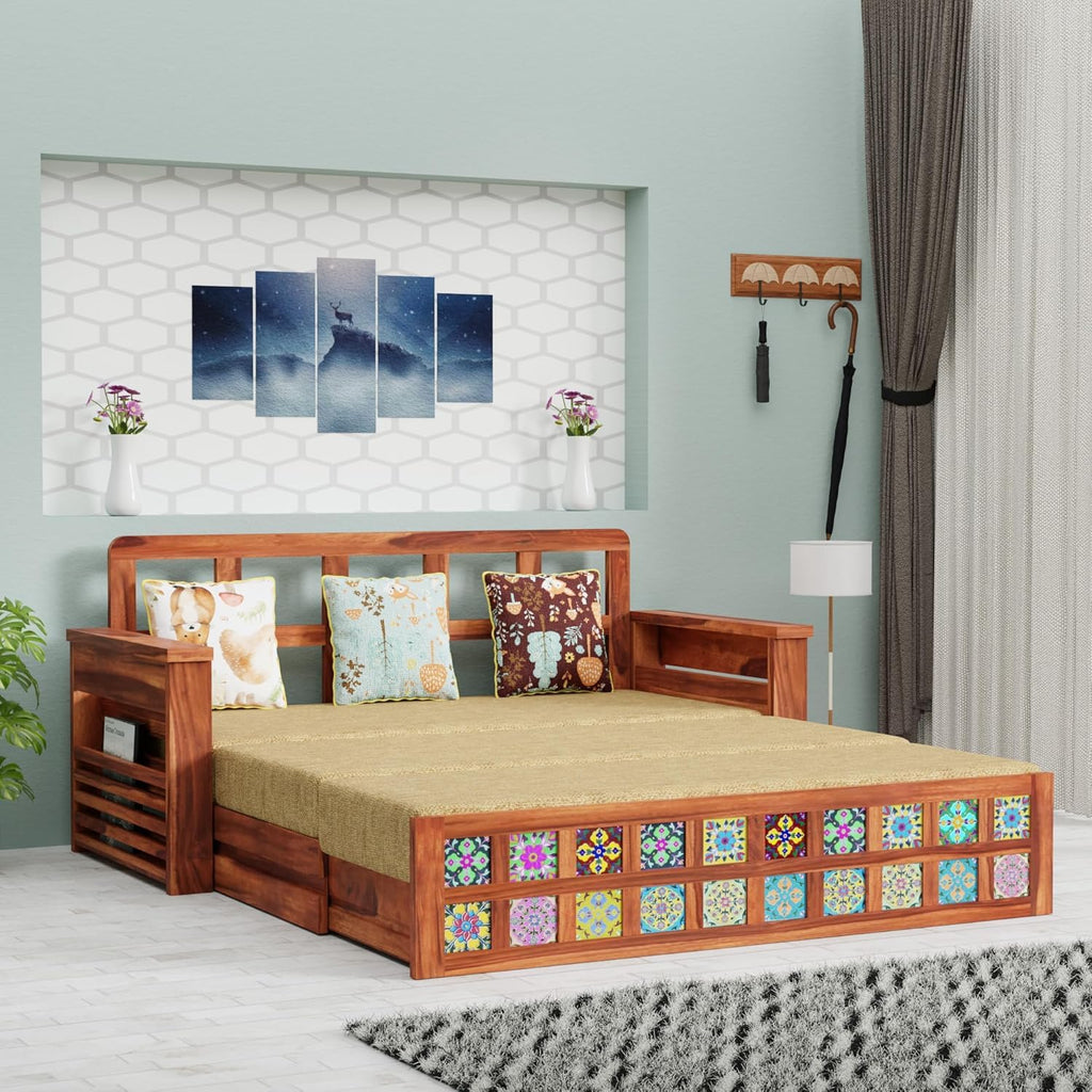 Solid Sheesham Sofa Cum Bed | Natural Finish