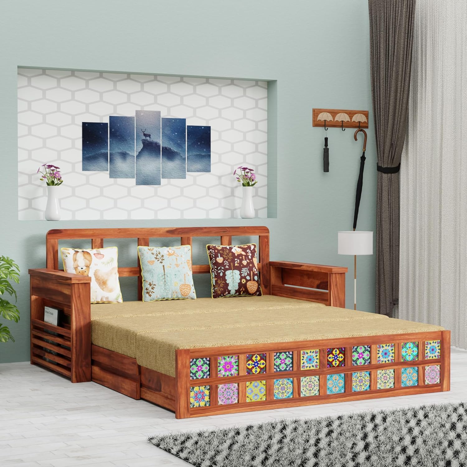 Solid Sheesham Sofa Cum Bed | Natural Finish