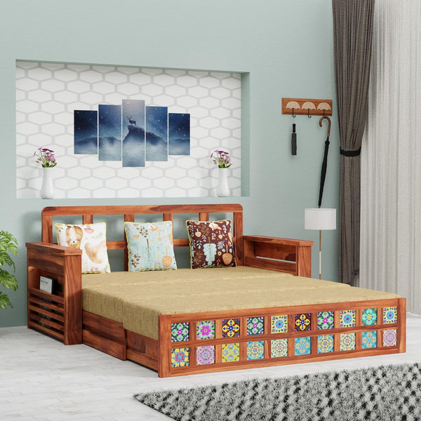 Solid Sheesham Sofa Cum Bed | Natural Finish