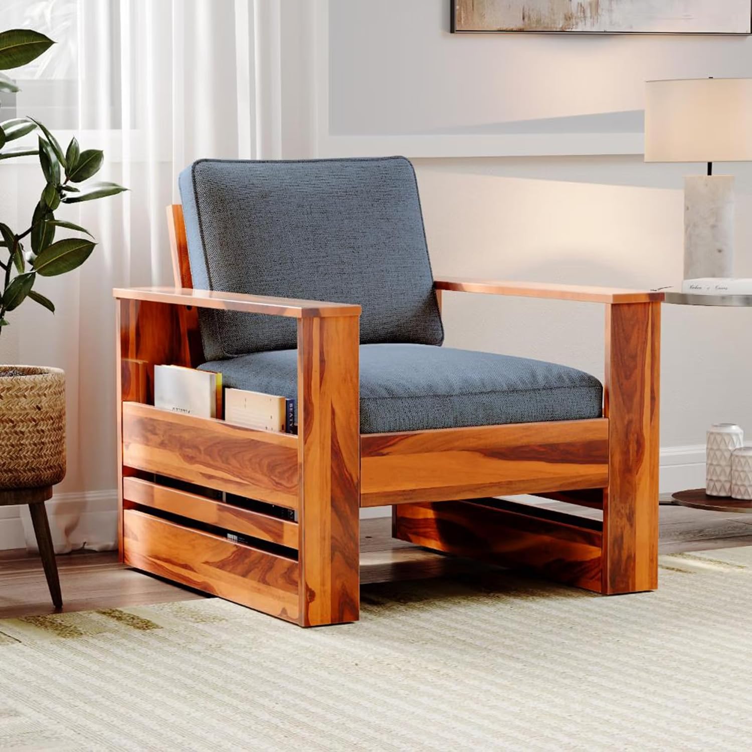 Solid Sheesham Wood Single Seater Sofa | Natural Finish