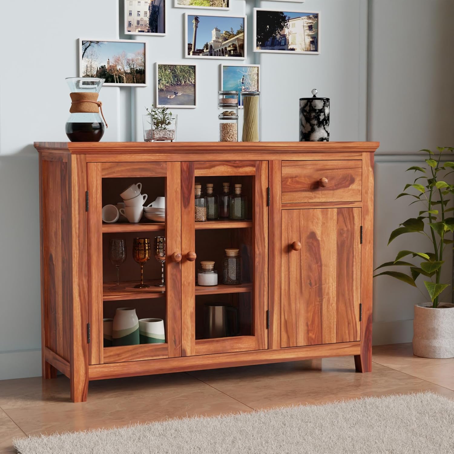 Sheesham Sideboard Cabinet with Glass Doors - Walnut Finish