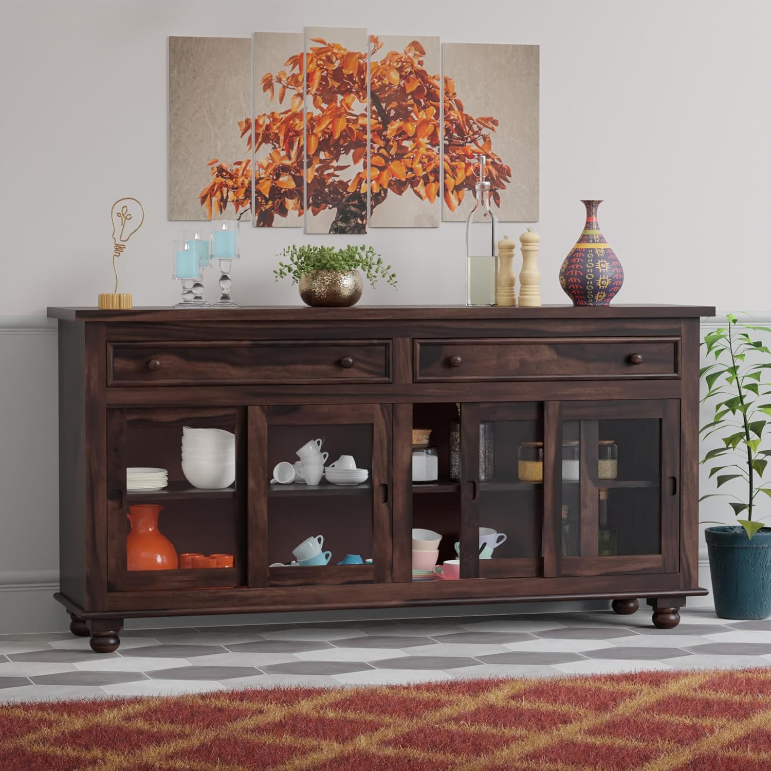 Solid Sheesham Wood Sideboard with Sliding Glass Doors - Walnut Finish