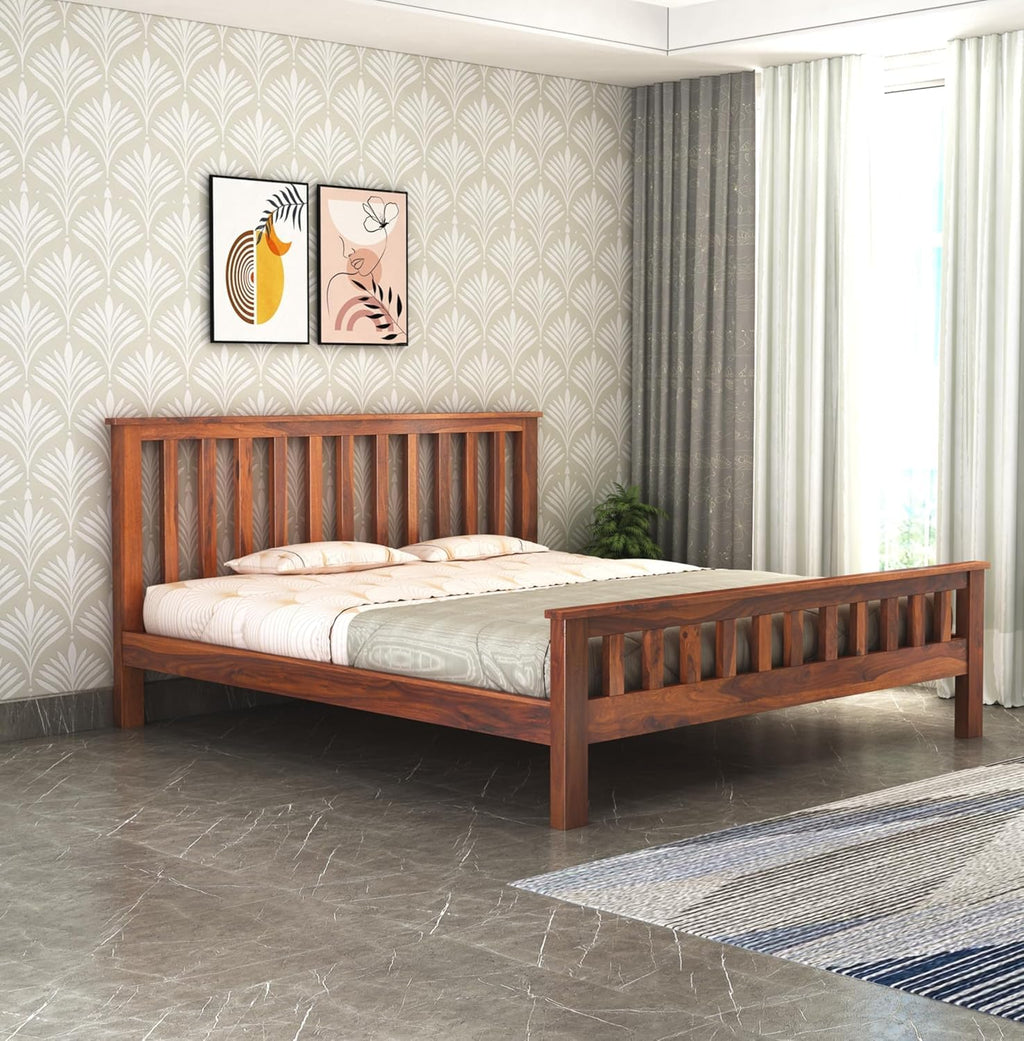 Solid Sheesham Wood Queen Size Bed - Honey Finish