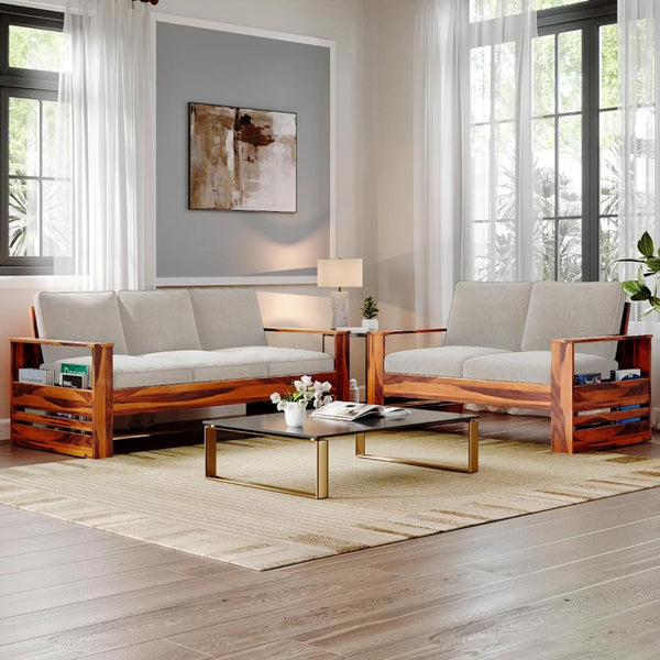 Solid Sheesham Wood Grey 5-Seater Wooden Sofa Set