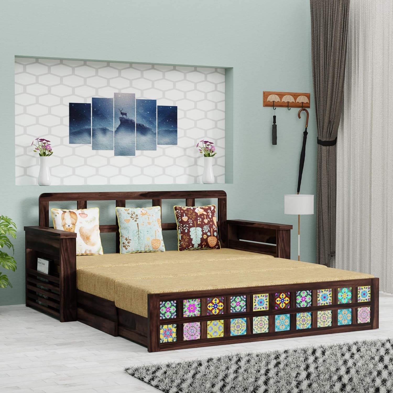 Solid Sheesham Wood 3-Seater Sofa Cum Bed with Storage