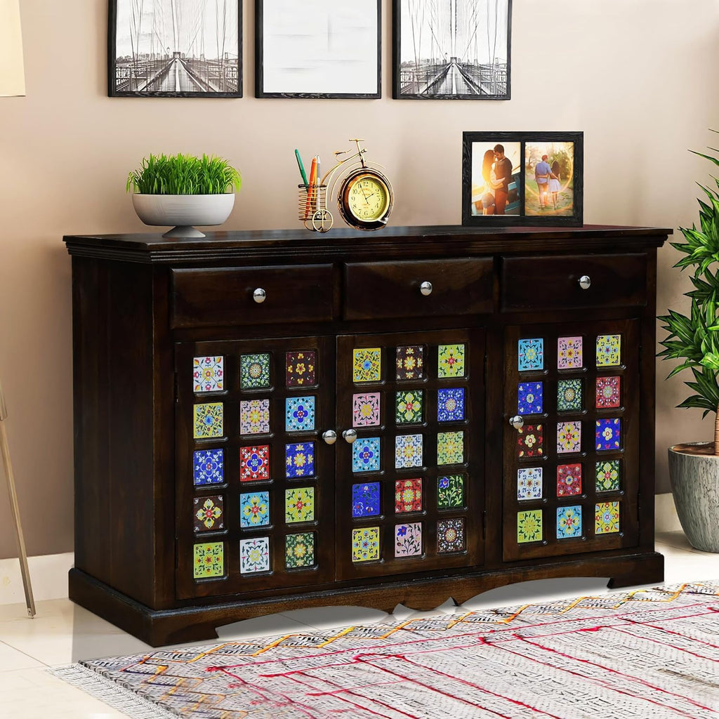Blue Pottery Tile Design Sheesham Sideboard