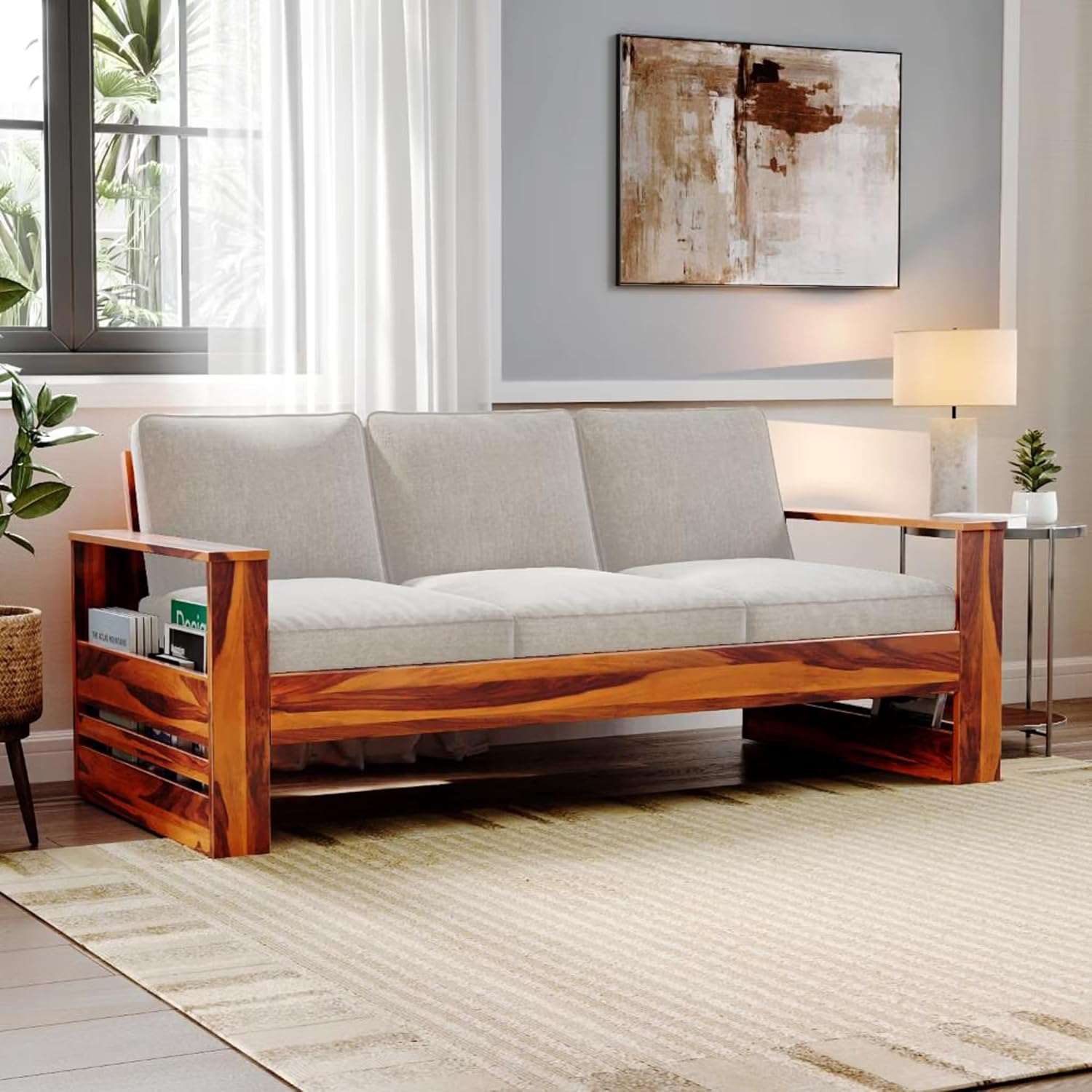 Solid Sheesham Wood Grey 5-Seater Wooden Sofa Set